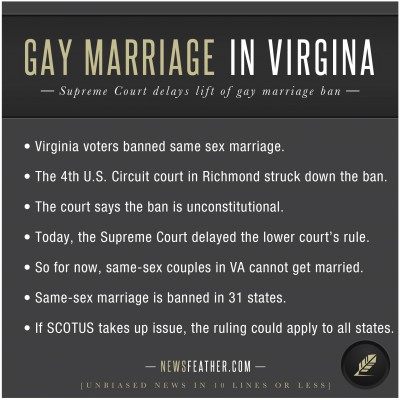 Supreme Court delays lift on gay marriage ban in Virginia.