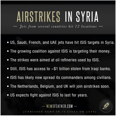 US, Saudi, and UAE fighter jets have bombed 12 ISIS targets in Syria.