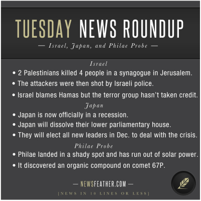 Quick news summary of the week including Japan recession, Philae probe shutting down, and Jerusalem synagogue killings.