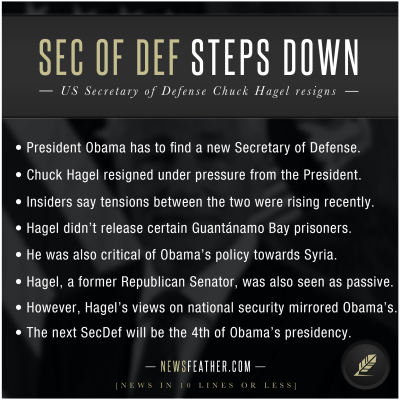 Secretary of Defense Chuck Hagel resigns under pressure from President Obama.