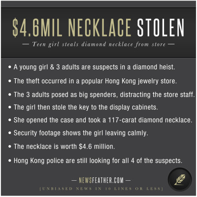 A teenage girl stole a $4.6 million necklace from a jewelry store in Hong Kong.