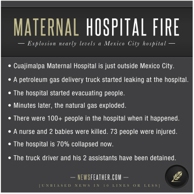 Gas explosion kills 3 and injures others at maternal hospital near Mexico City.