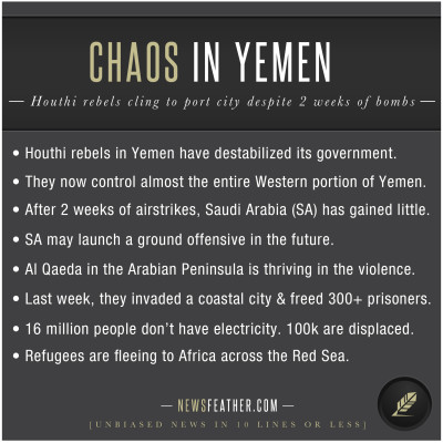 Houthi rebels in Yemen appear undeterred by 2 weeks of Saudi Arabia-led airstrikes.