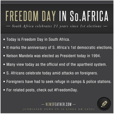 Freedom Day in South Africa celebrates the end of apartheid and the first democratic elections in which Nelson Mandela became president in 1994.