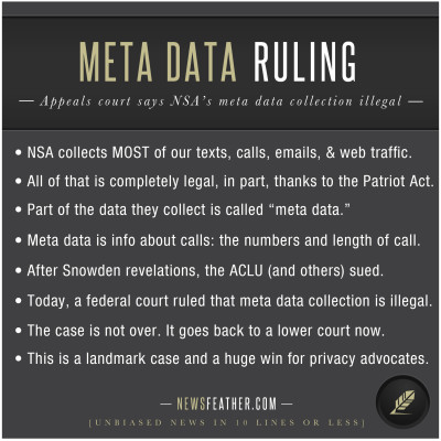 A federal court has ruled that the Patriot Act does not cover bulk meta data collection by NSA.
