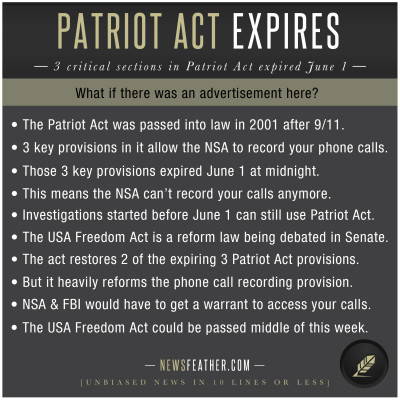 The Patriot Act's 3 key provisions for NSA's bulk metadata collection expried on June 1.