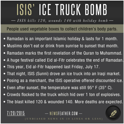 An ISIS operative used an ice truck loaded with 1 ton of explosives to kill 120 people at the end of Ramadan.